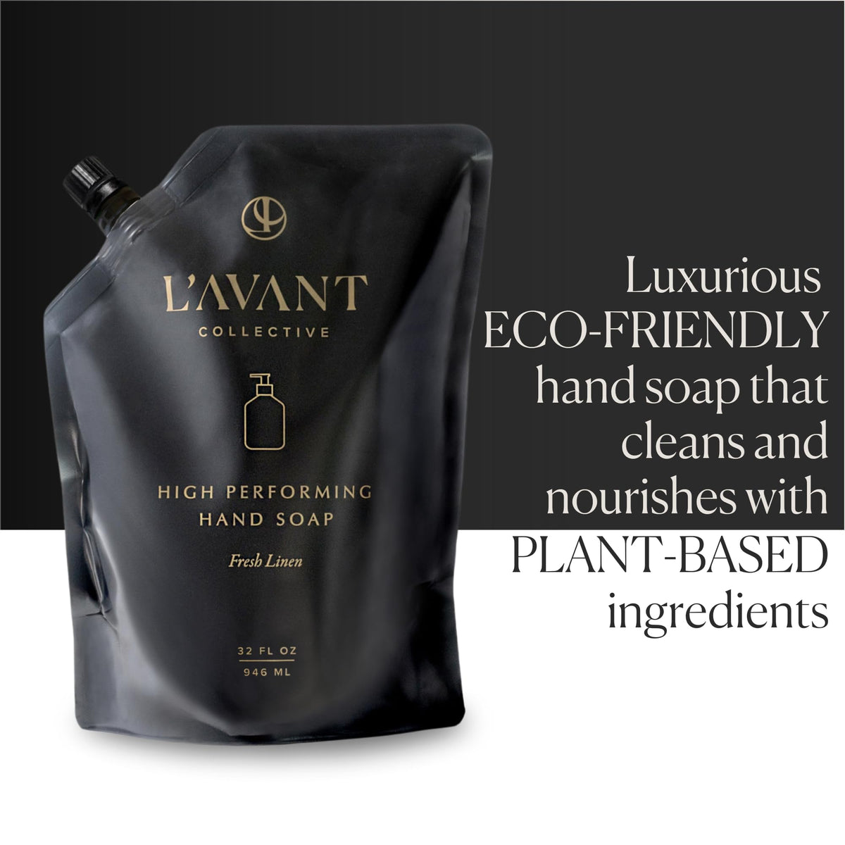 L'AVANT Collective pouch pouring into glass bottle to reduce plastic waste