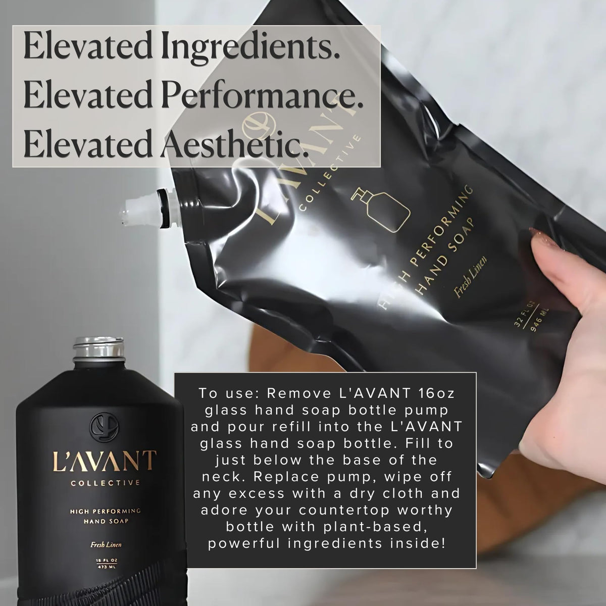 L'AVANT Collective 32 oz pouch next to a hand for scale and refill convenience