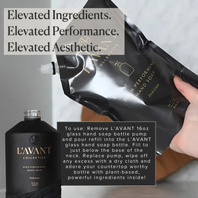 L'AVANT Collective 32 oz pouch next to a hand for scale and refill convenience