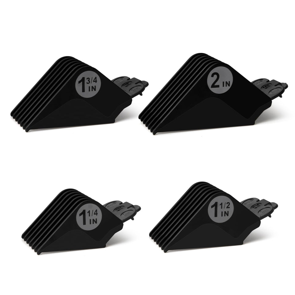 LAVEST front view of four black guard combs showing clean durable design and fit
