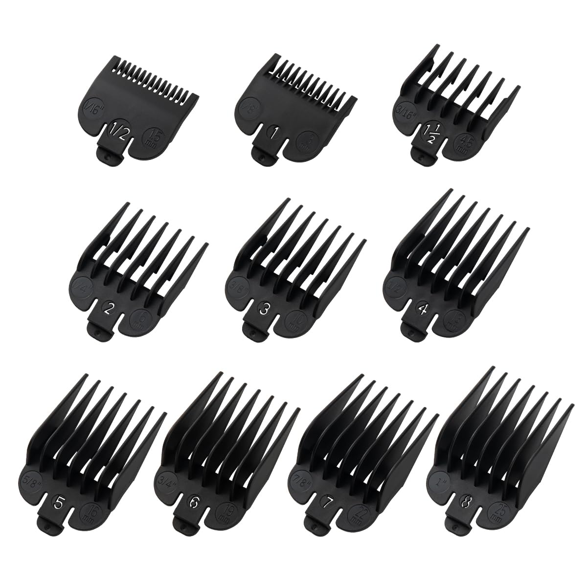 LAVEST front view of ten black clipper guards showing organized packaging and convenience