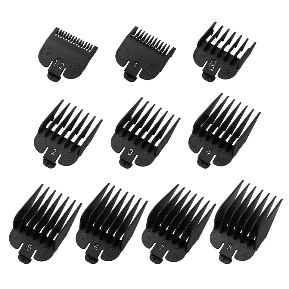 LAVEST front view of ten black clipper guards showing organized packaging and convenience