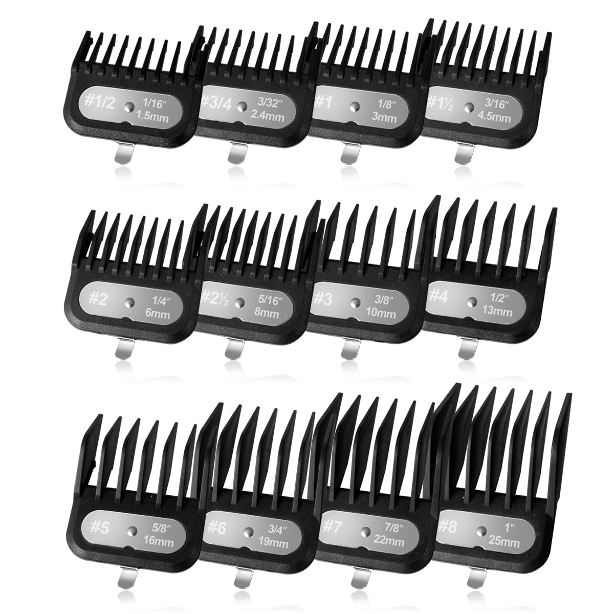 LAVEST front view of 12-piece guard set showing all length options and benefit of variety