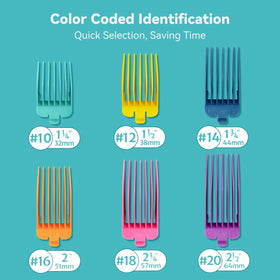 Six LAVEST guards lined up by color demonstrating easy size identification