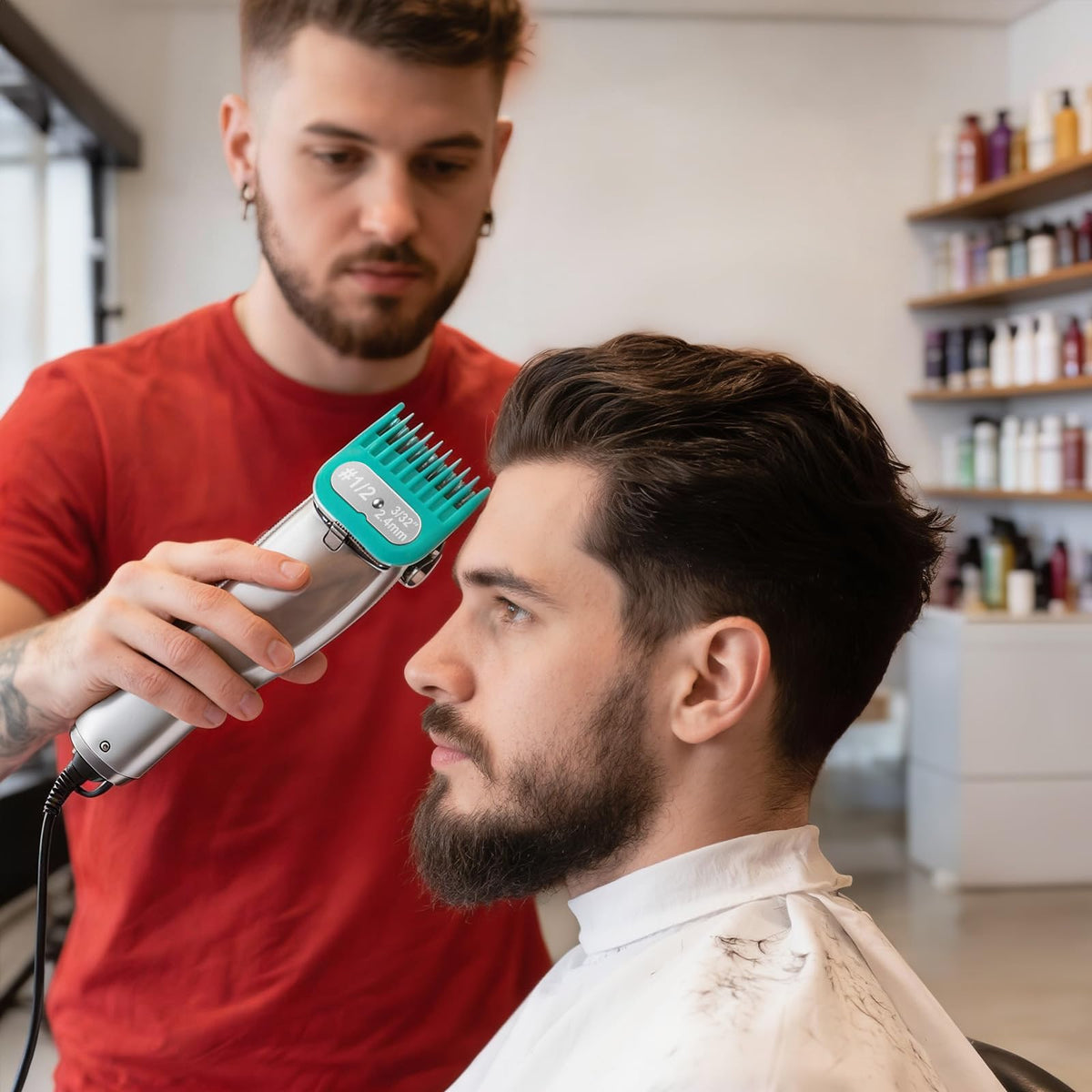 LAVEST guard in use by barber illustrating easy switching and professional finish