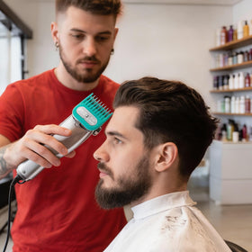 LAVEST guard in use by barber illustrating easy switching and professional finish