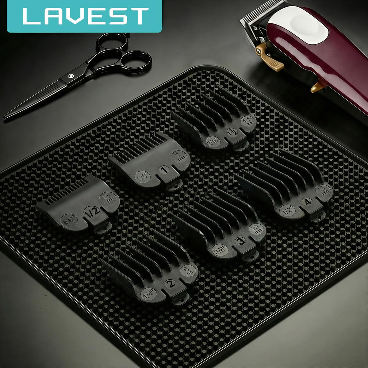 LAVEST guards staged in bathroom with clippers showing convenient home grooming setup benefit