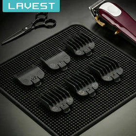 LAVEST guards staged in bathroom with clippers showing convenient home grooming setup benefit