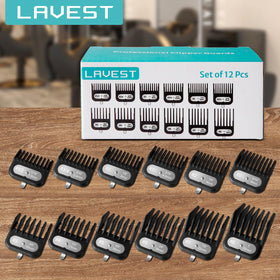 LAVEST packaging flatlay of the 12-piece set showing included guards and organized storage