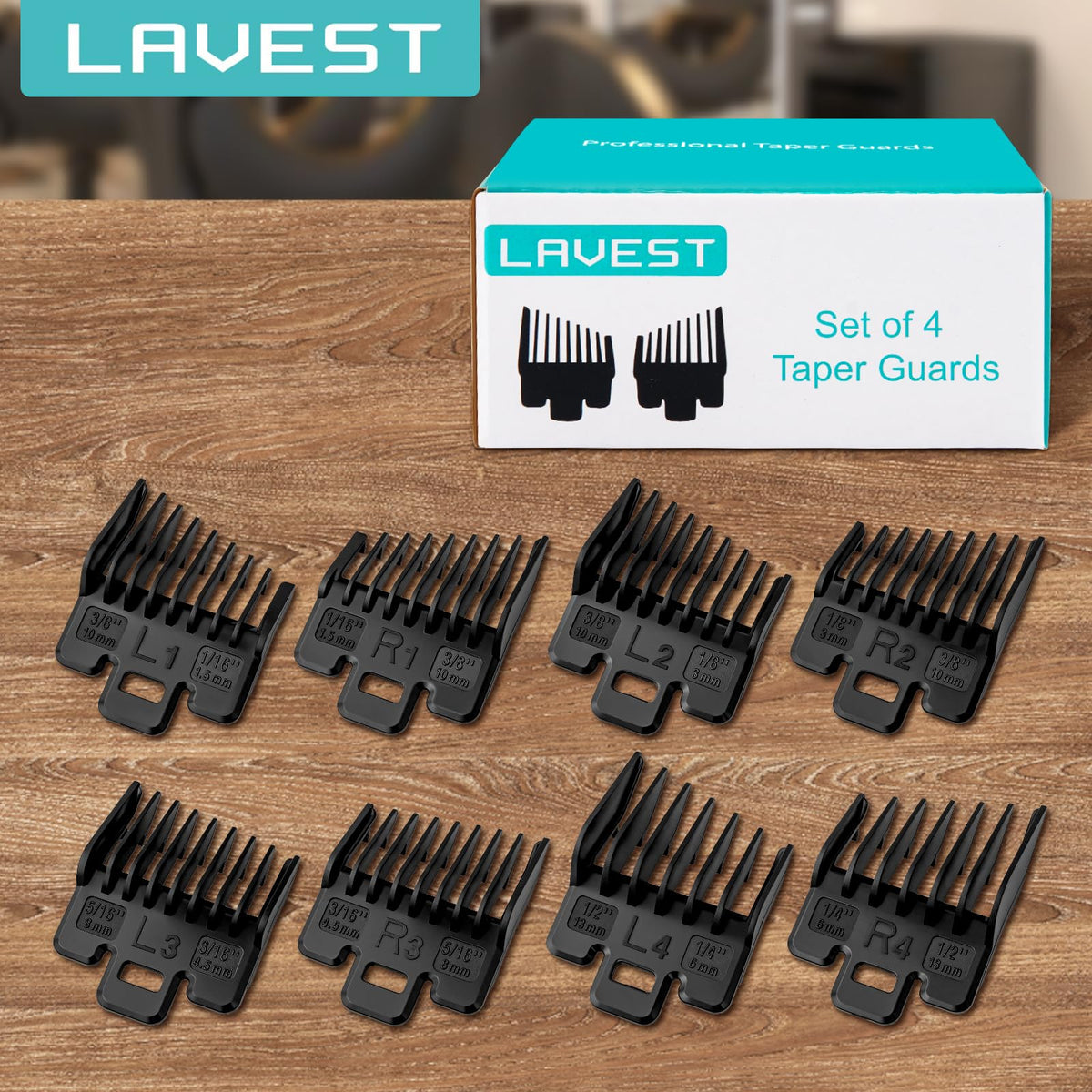 LAVEST guards in a storage case beside clippers and combs for organized salon convenience
