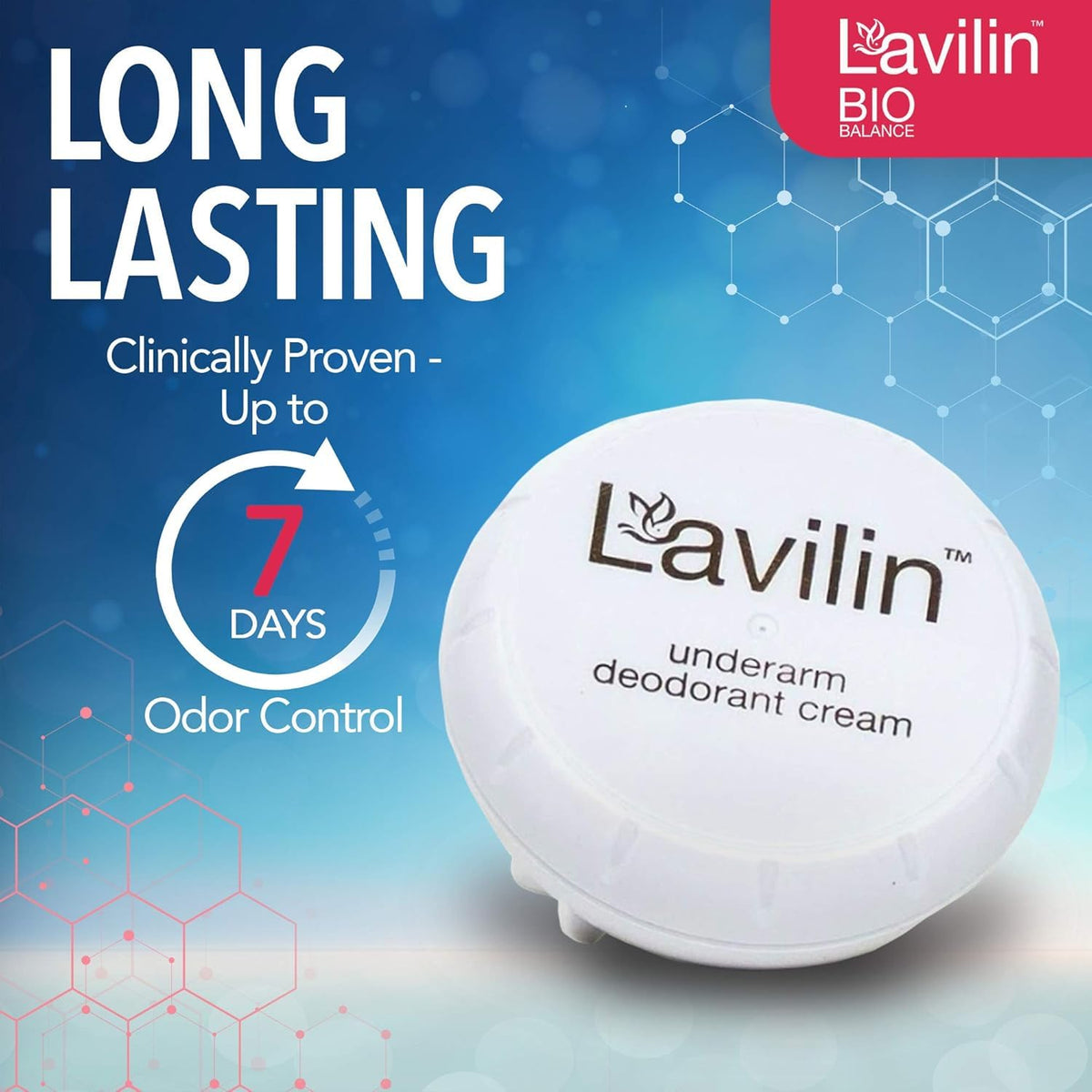 Lavilin jar top open revealing concentrated cream for economical use