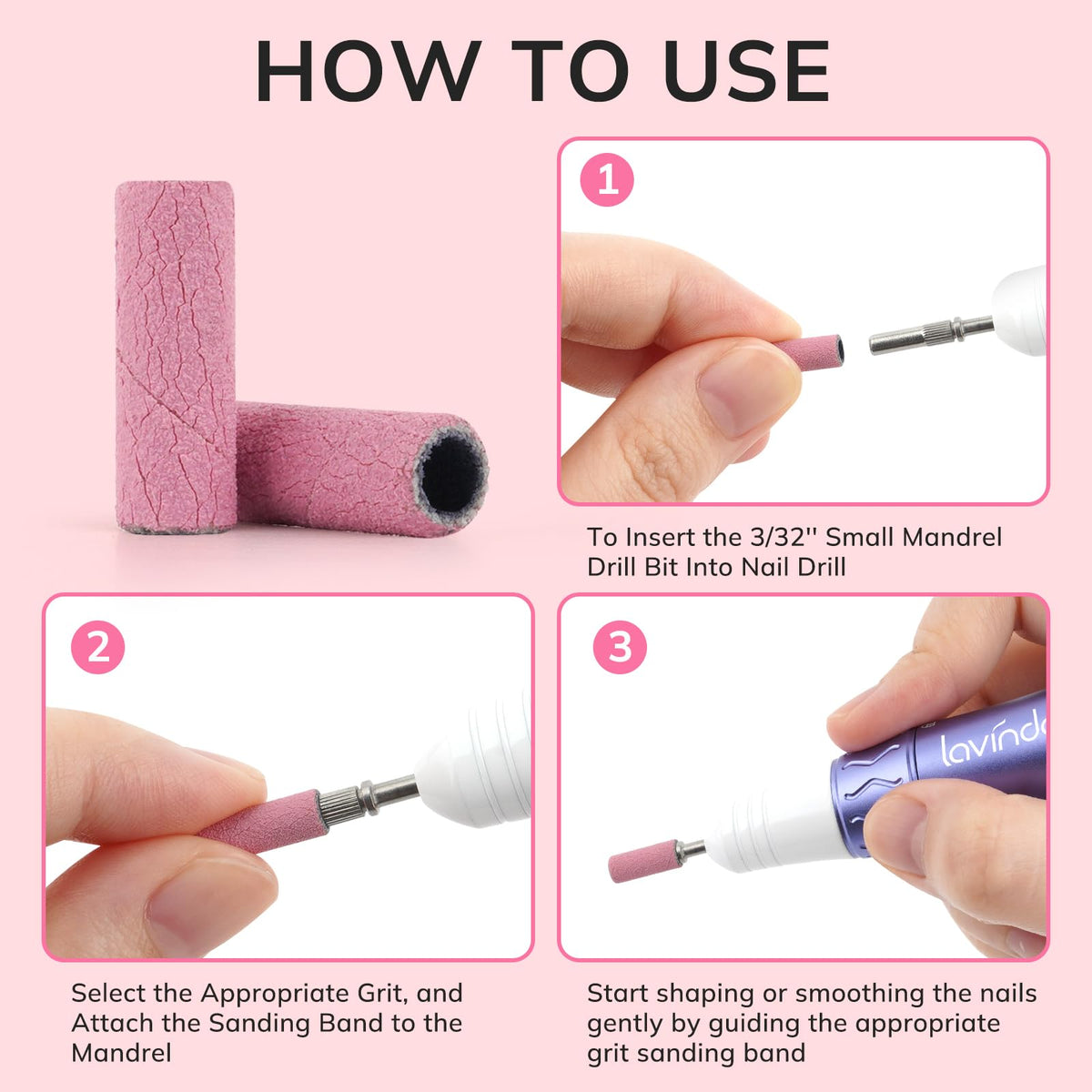 Lavinda pink sanding bands spread on a dark surface emphasizing easy visibility in kits