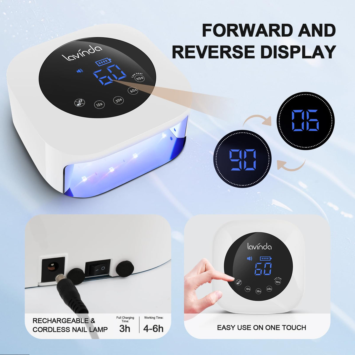 Lavinda lamp next to a hand showing interior size for full-finger curing capacity