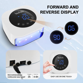 Lavinda lamp next to a hand showing interior size for full-finger curing capacity