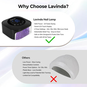 Lavinda lamp next to a hand for scale showing compact portable design benefit