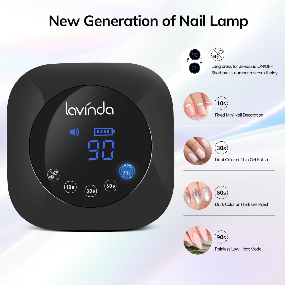 Lavinda touch display closeup showing timer and battery for intuitive control benefit
