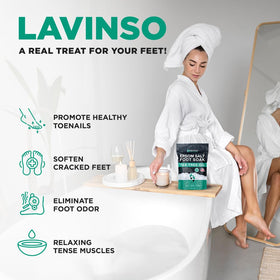 Lavinso close-up of crystalline Epsom salt texture and botanicals
