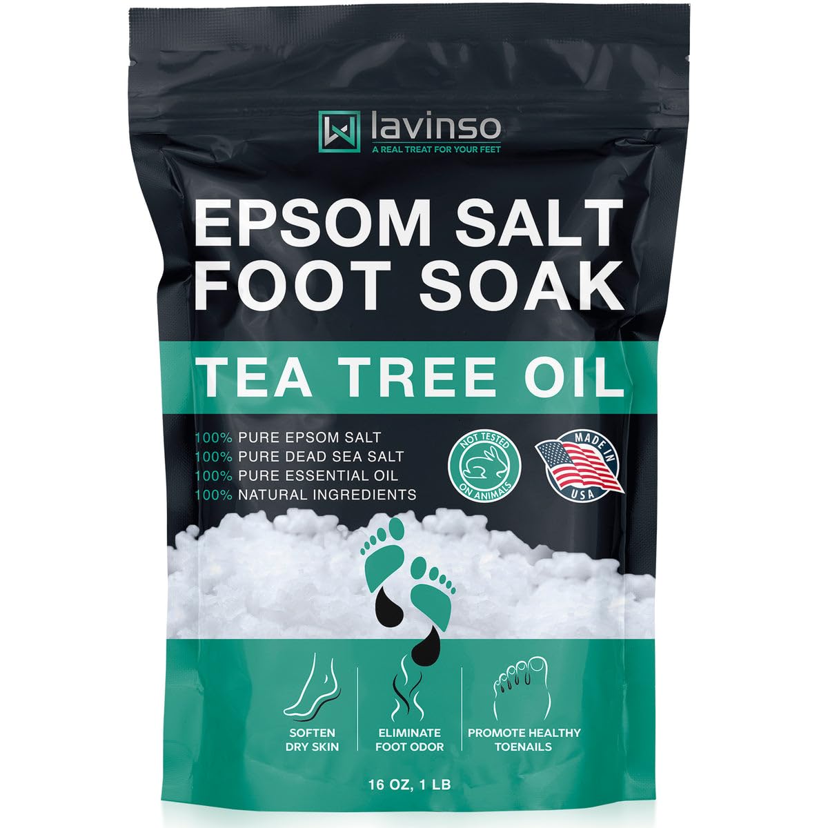 Lavinso front packaging showing 1 lb foot soak for refreshing feet
