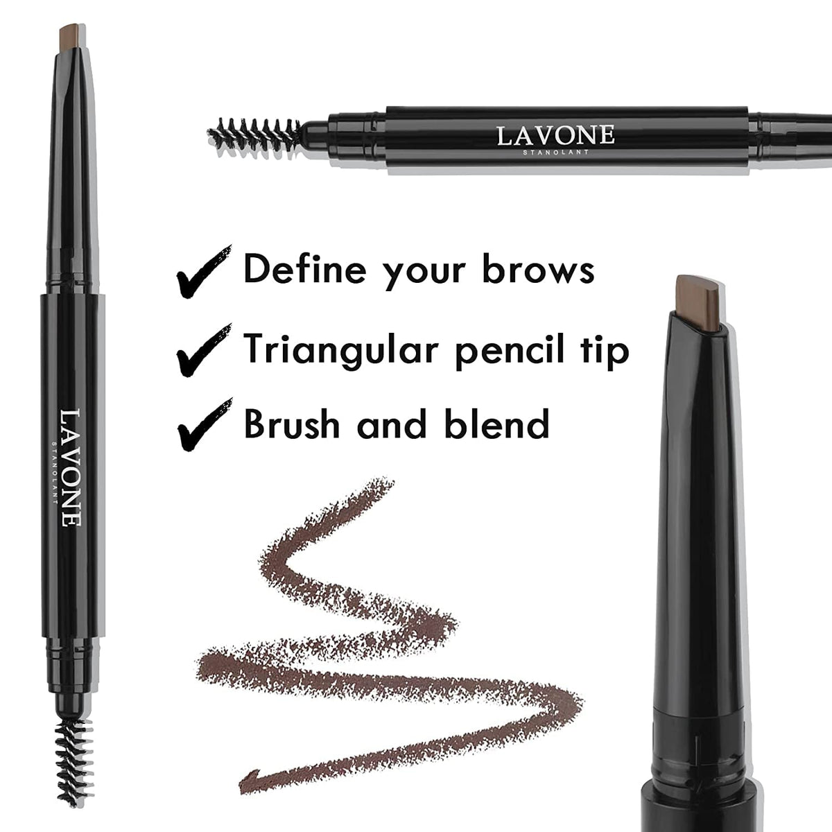 LAVONE compact laid out with pomade, pencil, eyeliner, brush, pouch for travel ease