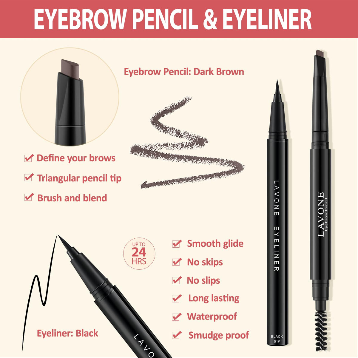 LAVONE black eyeliner and dark brown brow pencil completing eye look