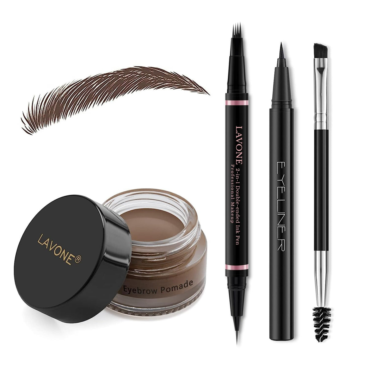 LAVONE front packaging showing complete brow kit and travel pouch benefit
