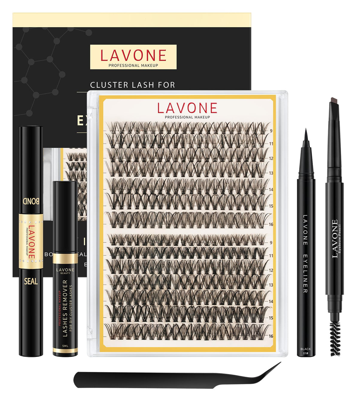 LAVONE front packaging kit showing complete at-home lash set and tools