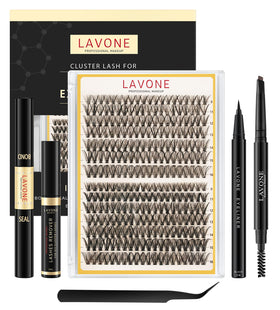 LAVONE front packaging kit showing complete at-home lash set and tools