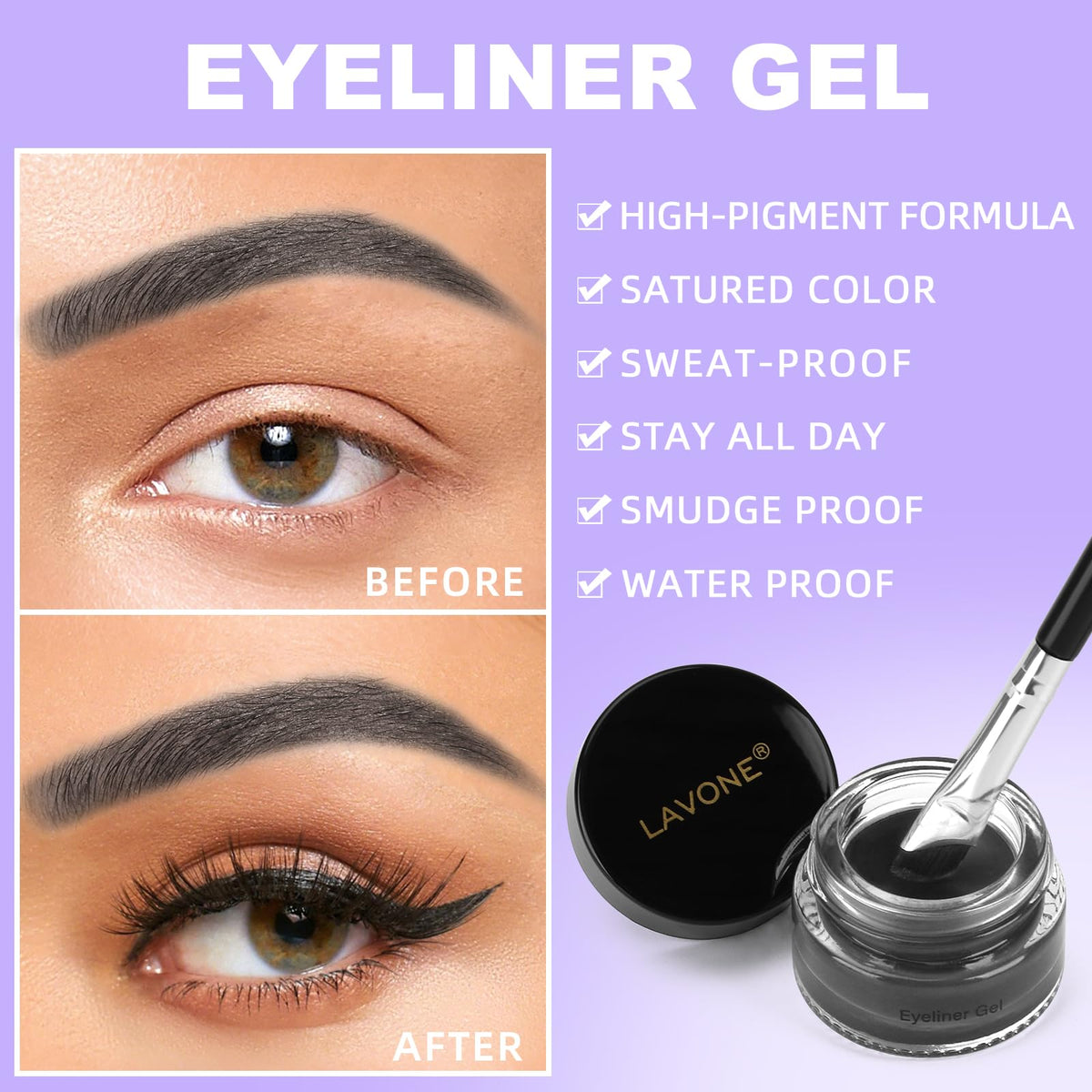 LAVONE gel eyeliner pot open showing creamy texture and rich pigment