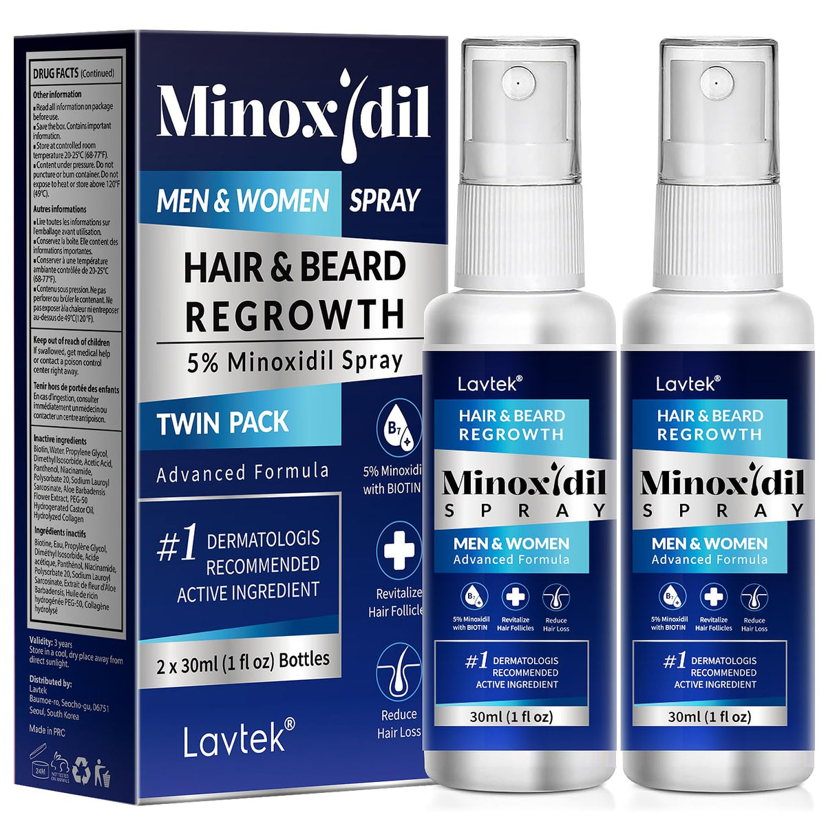 Lavtek front packaging showing 5% minoxidil spray and twin pack benefit