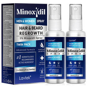 Lavtek front packaging showing 5% minoxidil spray and twin pack benefit