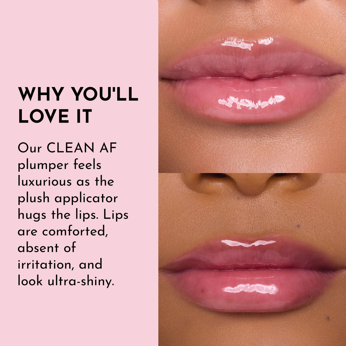 Lawless model wearing gloss demonstrating natural plumping and smooth look