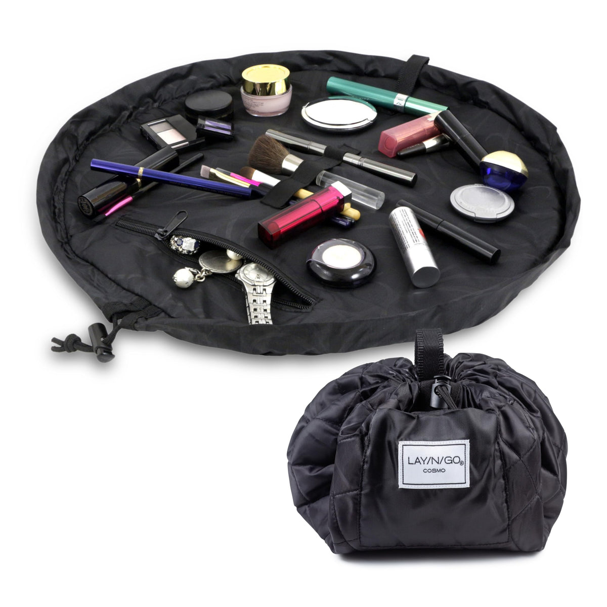 Lay-n-Go Cosmo front view showing compact closed bag and handle for easy carry