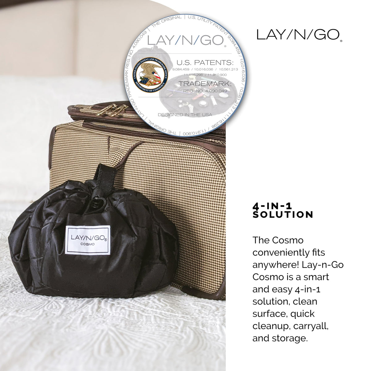 Lay-n-Go Cosmo held in hand to show 20-inch size and portability