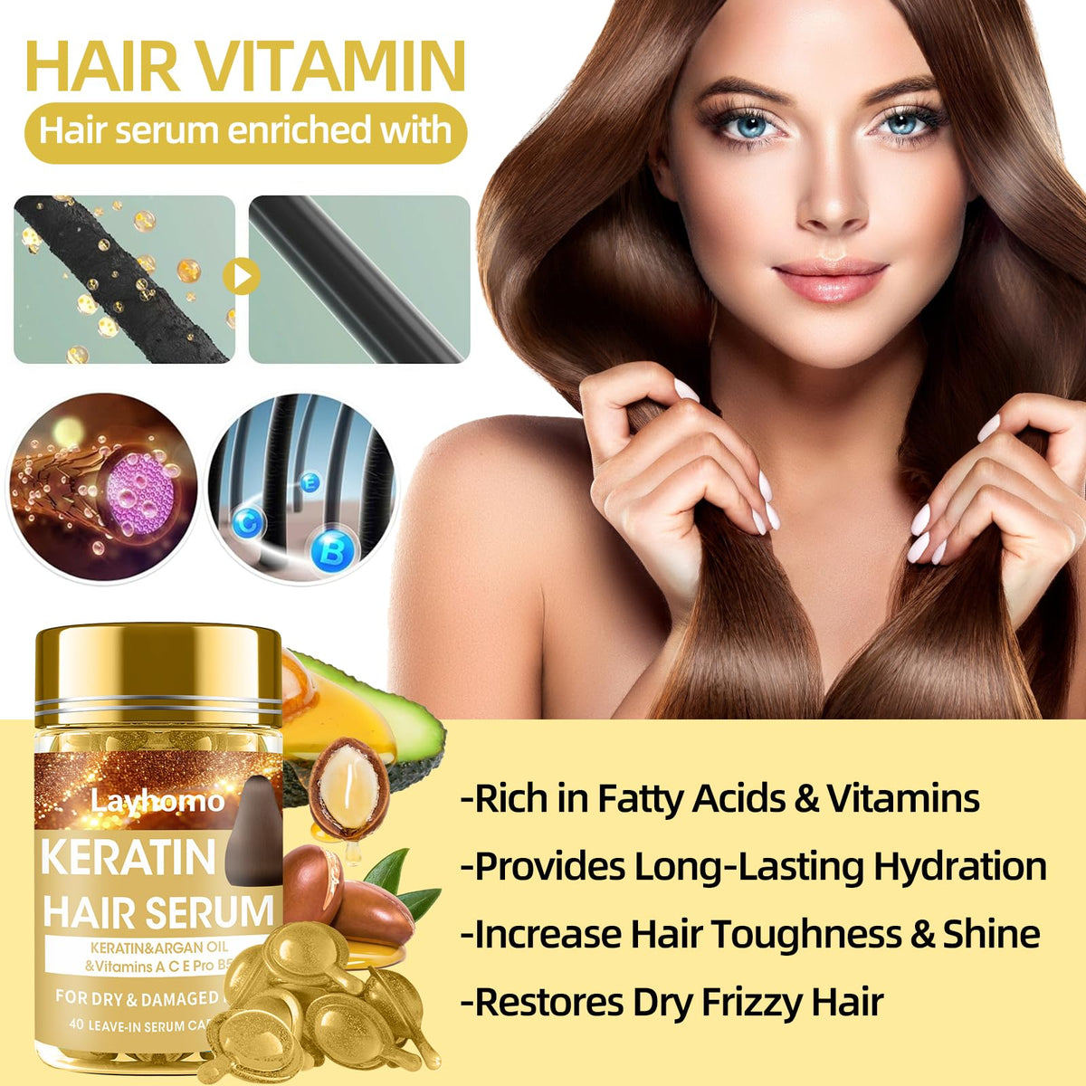 Layhomo application on damp hair ends demonstrating frizz control benefit