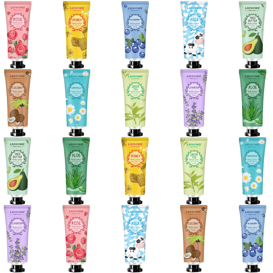Layhomo front packaging showing 20 compact lotion tubes and scent variety benefit