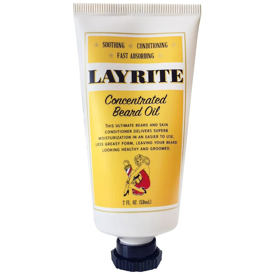 Layrite concentrated beard oil front packaging showing label and 2 fl oz size for easy storage