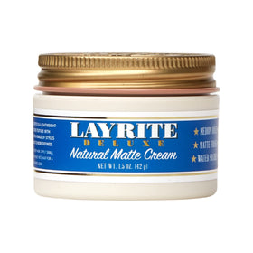 Layrite front jar of Natural Matte Cream showing branding and compact travel benefit