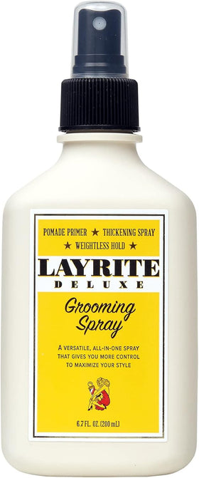 Layrite grooming spray front packaging shows branding and bottle, adds styling prep benefit