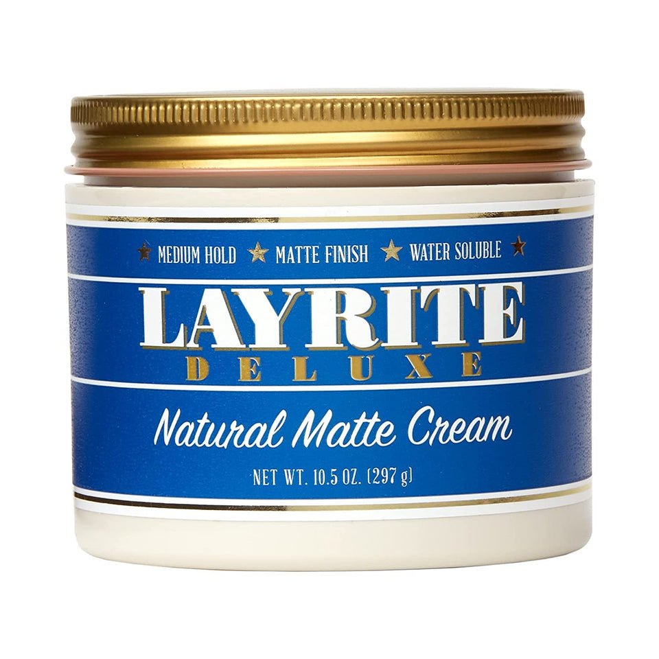 Layrite jar front view showing label and size, conveys professional grooming