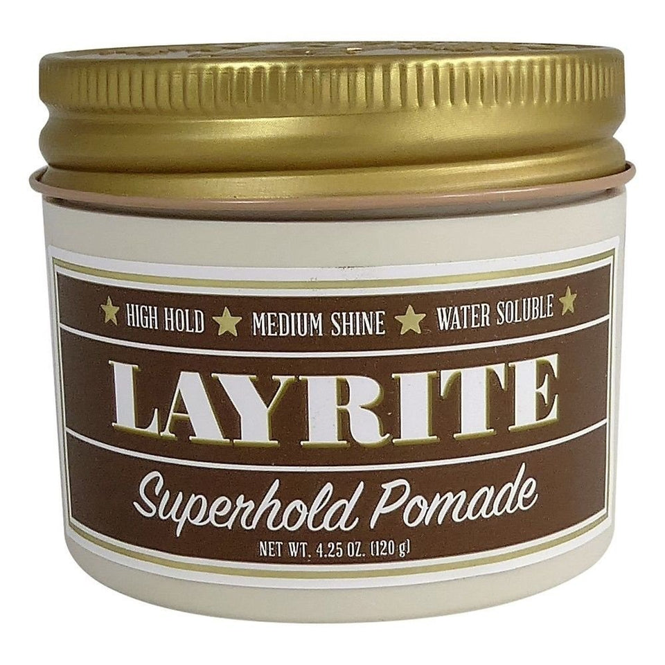 Layrite Superhold Pomade front jar showing label and size for strong, clean hold