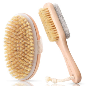 LAYUKI body brush front view showing oval head and wooden handle for controlled exfoliation