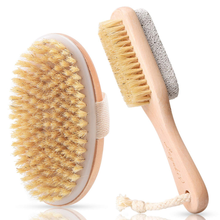 LAYUKI body brush front view showing oval head and wooden handle for controlled exfoliation