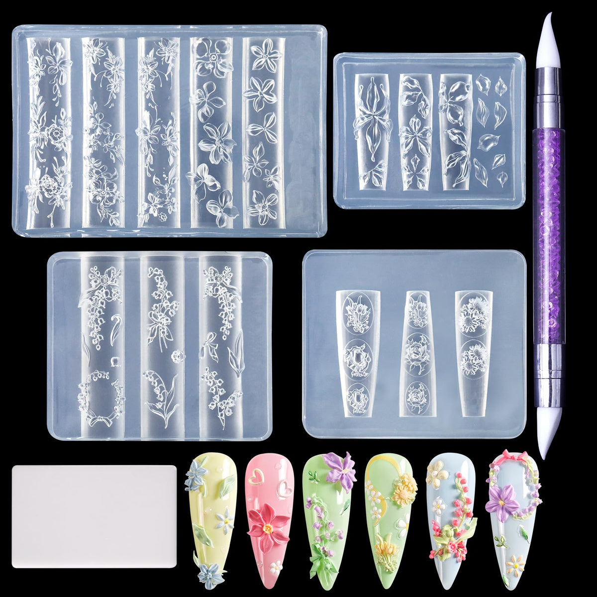 Laza front packaging and contents showing molds and pen for fast nail crafting