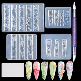 Laza front packaging and contents showing molds and pen for fast nail crafting
