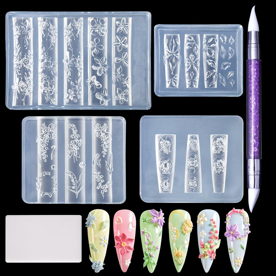 Laza front packaging and contents showing molds and pen for fast nail crafting