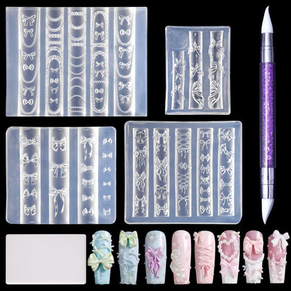 Laza front packaging showing four bowknot silicone molds and carving pen, convenient kit
