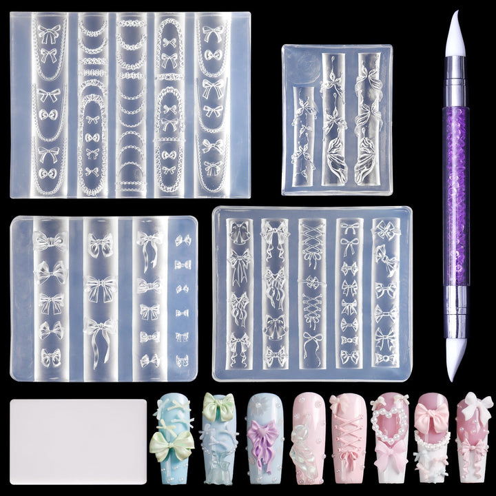 Laza front packaging showing four bowknot silicone molds and carving pen, convenient kit