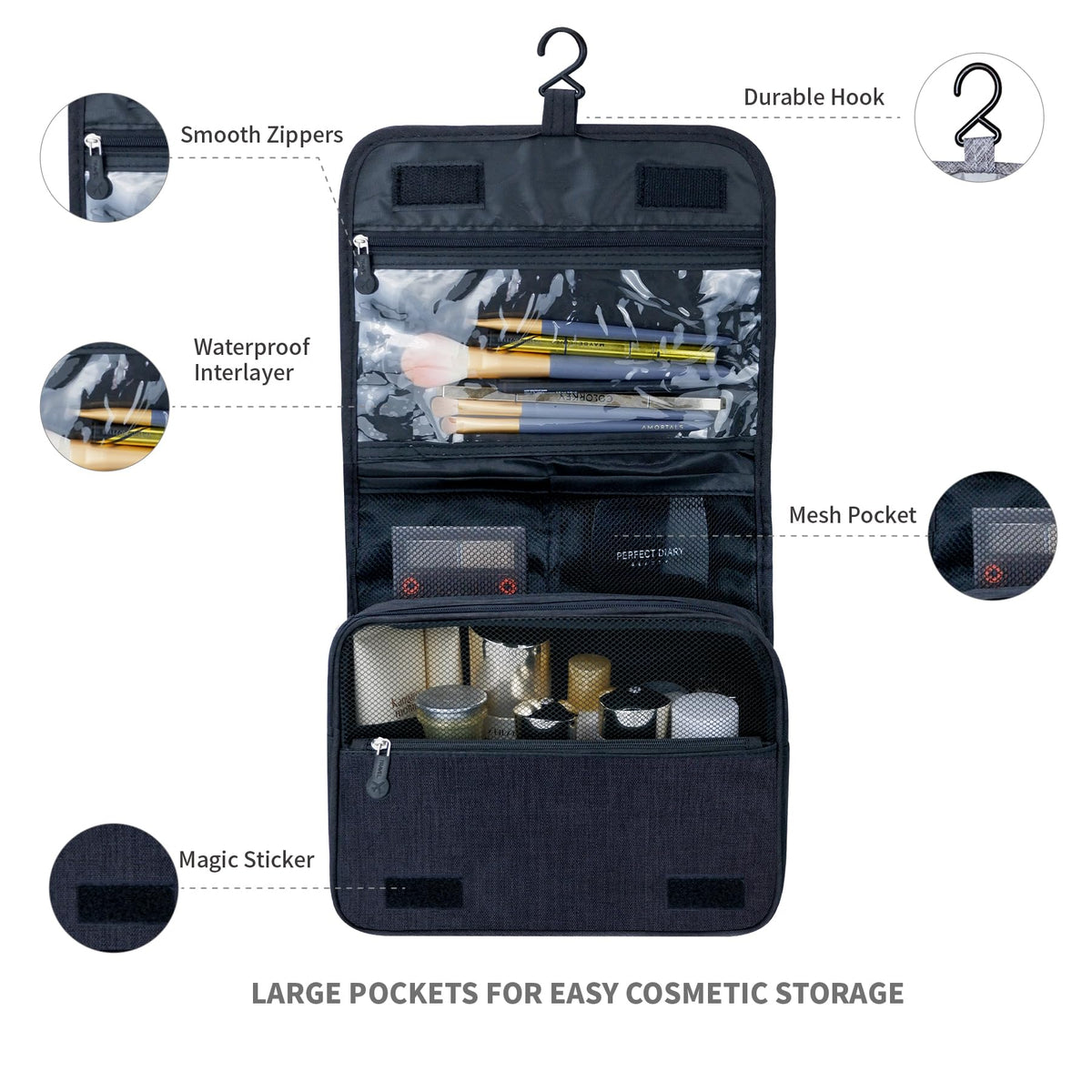 Lcsmaokin unfolded organizer filled with full-size shampoo and brushes for quick access