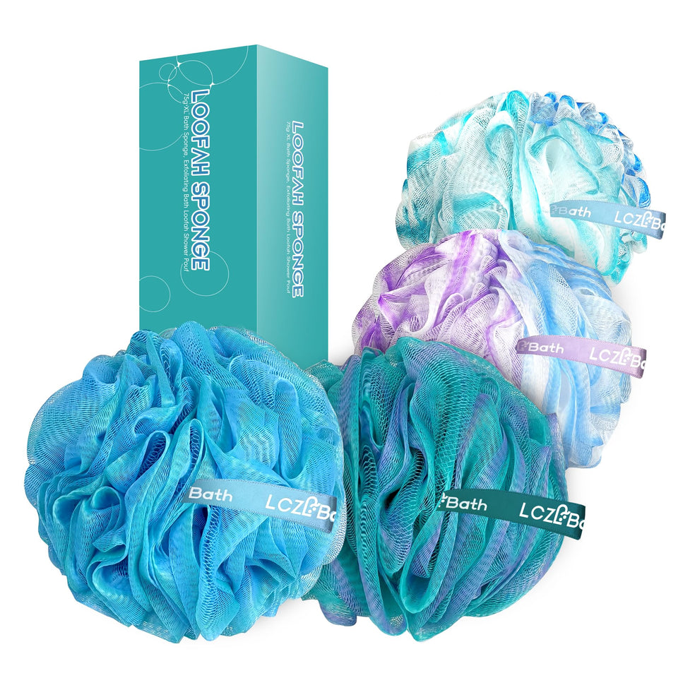 LCZLBath front view of four-pack loofahs showing colors and packaging benefit