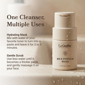LE GUSHE lifestyle bathroom shelf display, suggests daily routine convenience